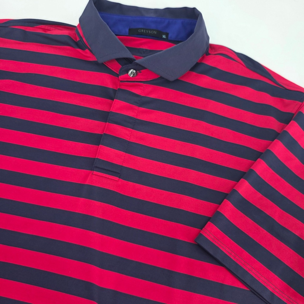 GREYSON GOLF POLO MENS XL BLUE RED STRIPED WOLF LOGO PERFORMANCE STRETCH EUC
